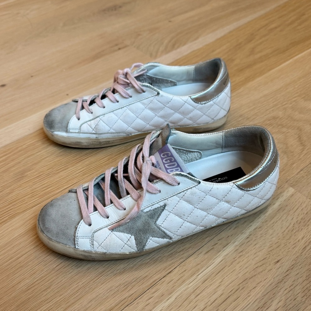 Golden Goose White and Silver Quilted Sneakers with Pink Laces